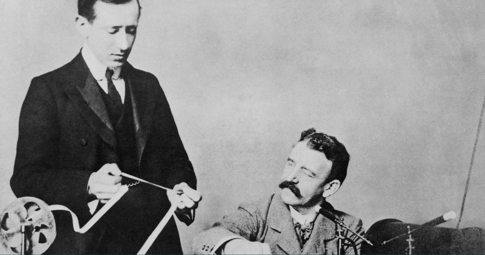 Guglielmo Marconi examining the first wireless signals across Atlantic from Cornwall, England, on Dec. 12, 1901, The message was received at Signal Hill wireless telegraph station, on the Newfoundland coast.