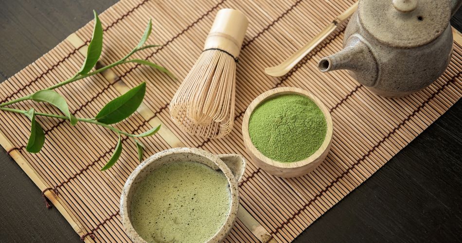 Organic Green Matcha Tea ceremony. Matcha powder. Cooking with matcha, recipe