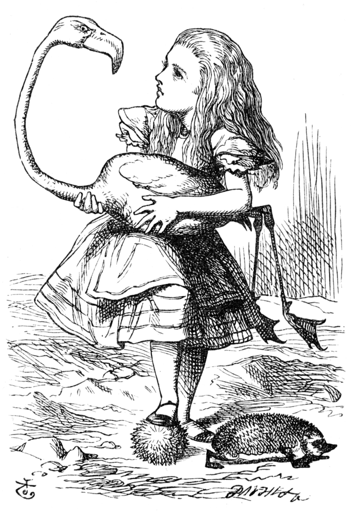 "The chief difficulty Alice found at first was in managing her flamingo". Illustration by John Tenniel, 1865.
