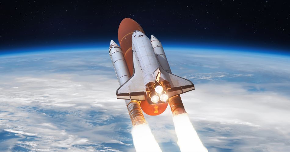 Space shuttle flight in space from Earth