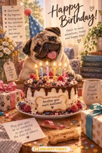 happy birthday card pug and cake